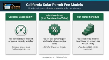 Three commercial solar permit fee models comparison chart capacity valuation flat-tiered