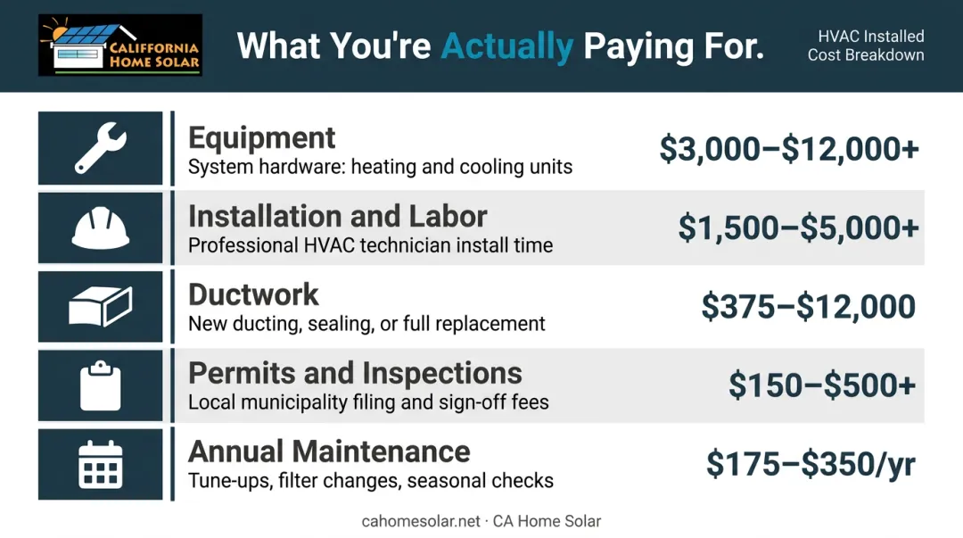 Complete HVAC installation cost breakdown showing five components with price ranges