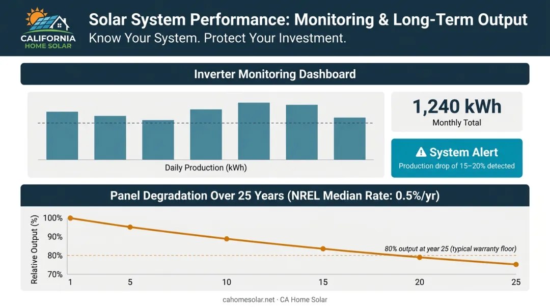 Solar system monitoring dashboard metrics and annual panel degradation rate chart