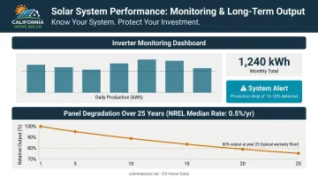 Solar system monitoring dashboard metrics and annual panel degradation rate chart