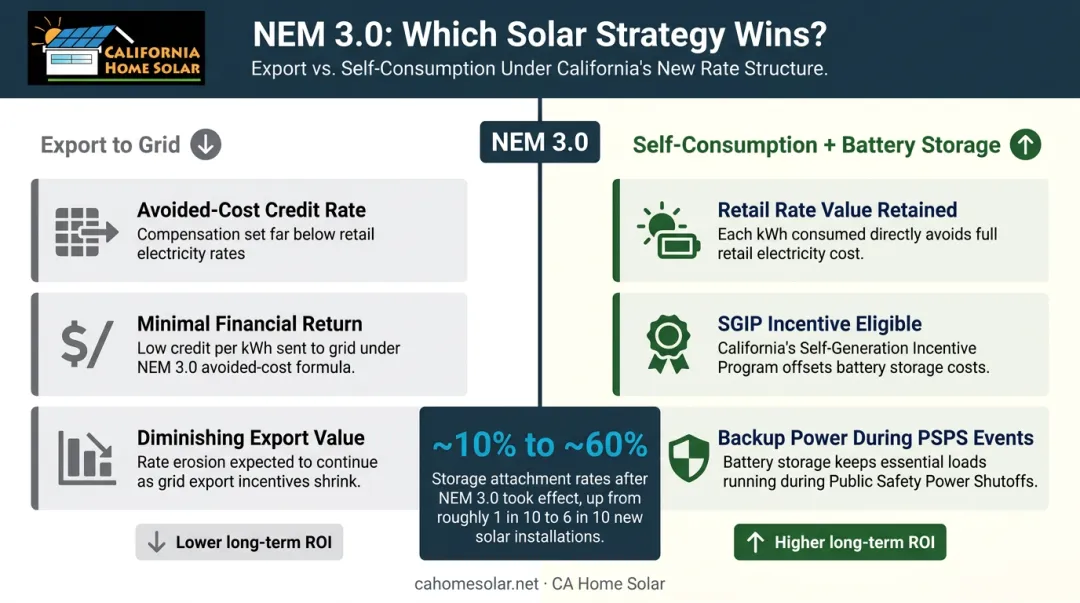 NEM 3.0 solar self-consumption versus grid export value comparison infographic