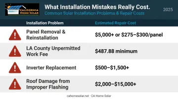 Solar installation problem remediation costs comparison table infographic Southern California