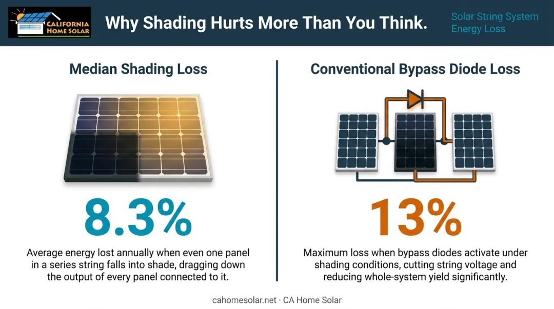 Solar panel shading energy loss percentages comparison infographic for string systems