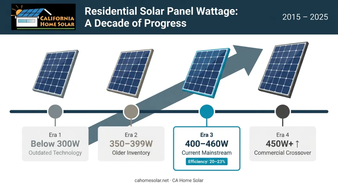 Residential solar panel wattage evolution timeline from 300W to 460W modern panels