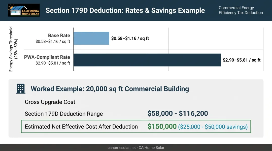 Federal 179D tax deduction rate tiers and example savings breakdown infographic