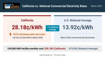 California versus national commercial electricity rate comparison showing 18 percent annual increase