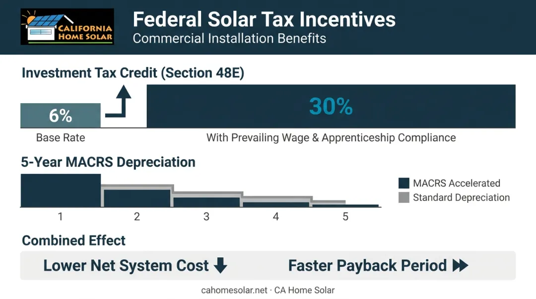 Federal solar tax incentives ITC and MACRS depreciation combined cost reduction breakdown infographic