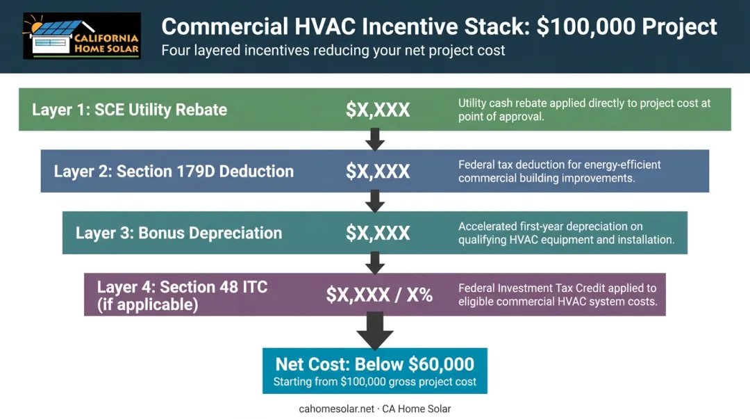 Four-layer commercial HVAC incentive stacking framework reducing net project cost