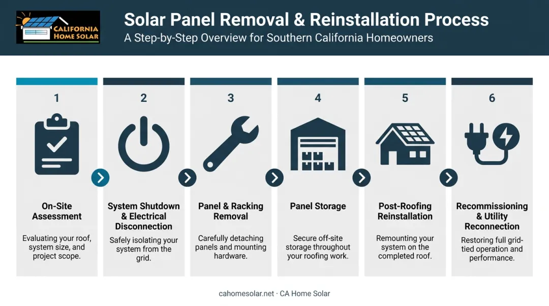 6-step solar panel removal and reinstallation process flow diagram