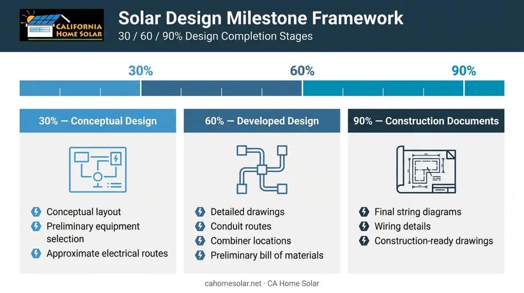 Commercial solar 30 60 90 percent design stage milestone comparison chart