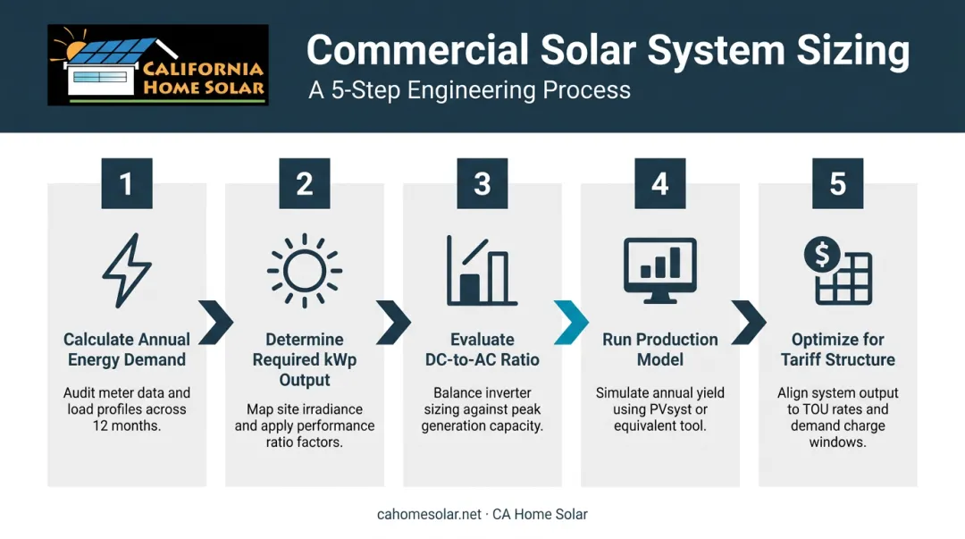 5-step commercial solar system sizing process flow infographic