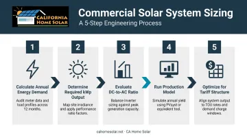 5-step commercial solar system sizing process flow infographic