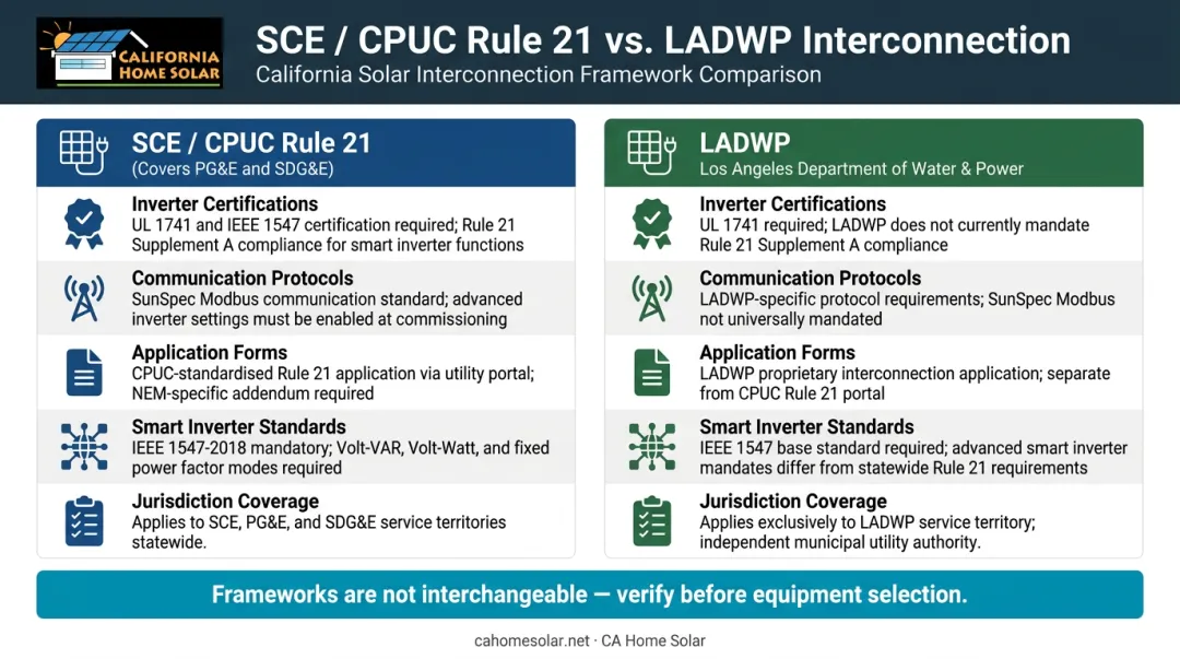 SCE Rule 21 versus LADWP interconnection requirements side-by-side comparison infographic