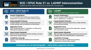 SCE Rule 21 versus LADWP interconnection requirements side-by-side comparison infographic