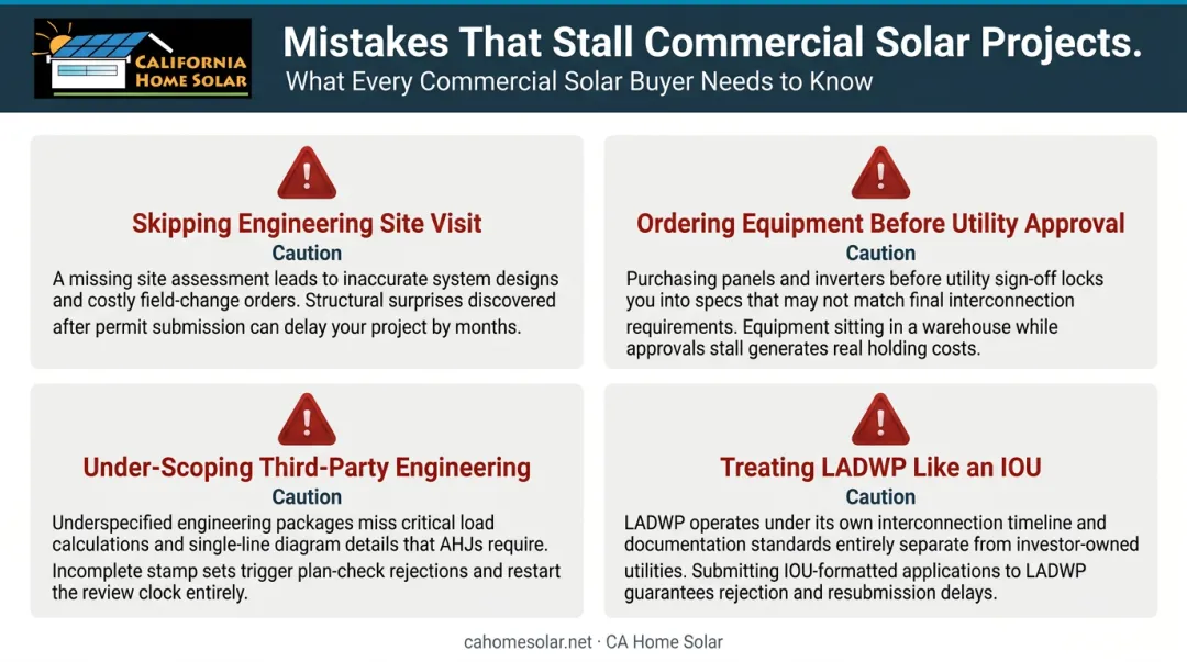 Four common commercial solar design mistakes that derail projects infographic
