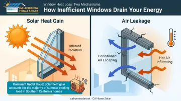 Two window heat loss mechanisms solar gain and air leakage comparison infographic