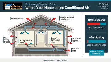Home duct leakage diagram showing 20 to 30 percent conditioned air loss pathways