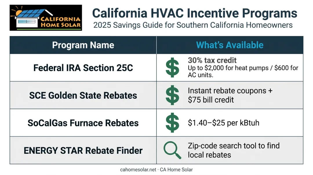 California HVAC rebate programs comparison table federal IRA SCE SoCalGas incentives