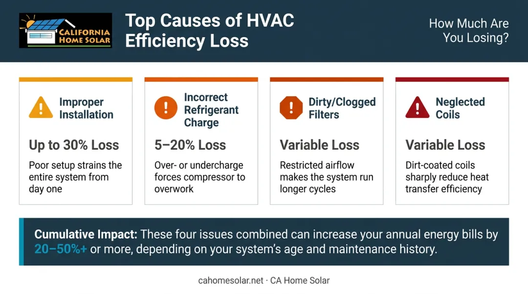 HVAC efficiency loss causes and percentage impact breakdown infographic