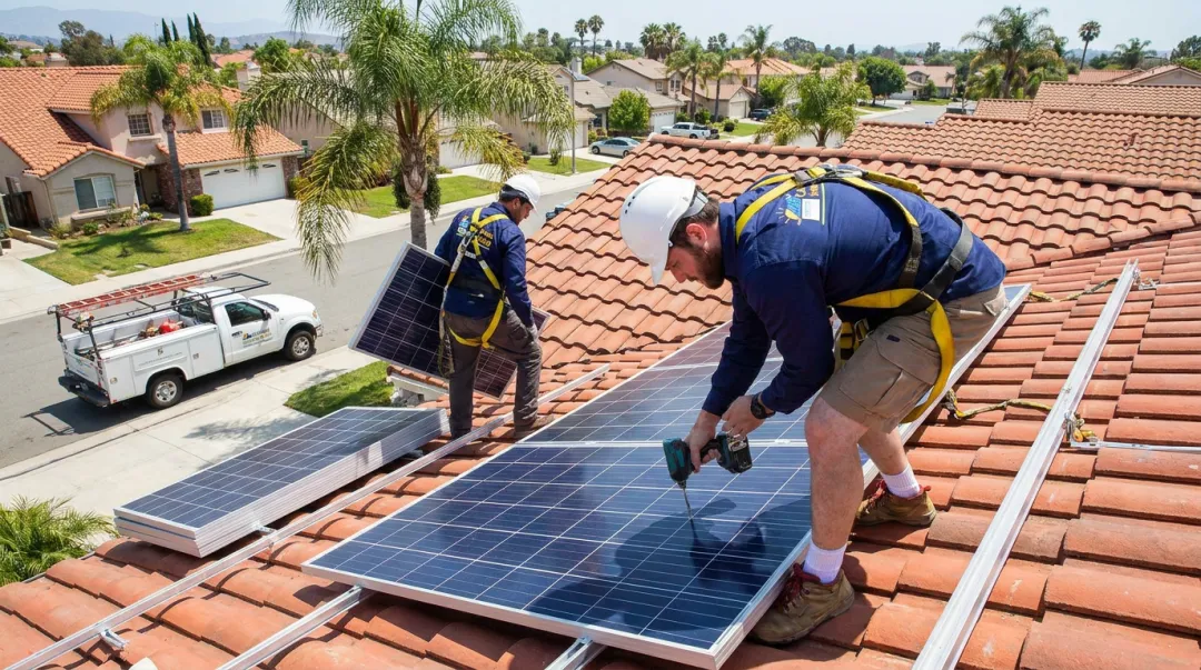 CA Home Solar installation crew working on residential rooftop solar array Southern California