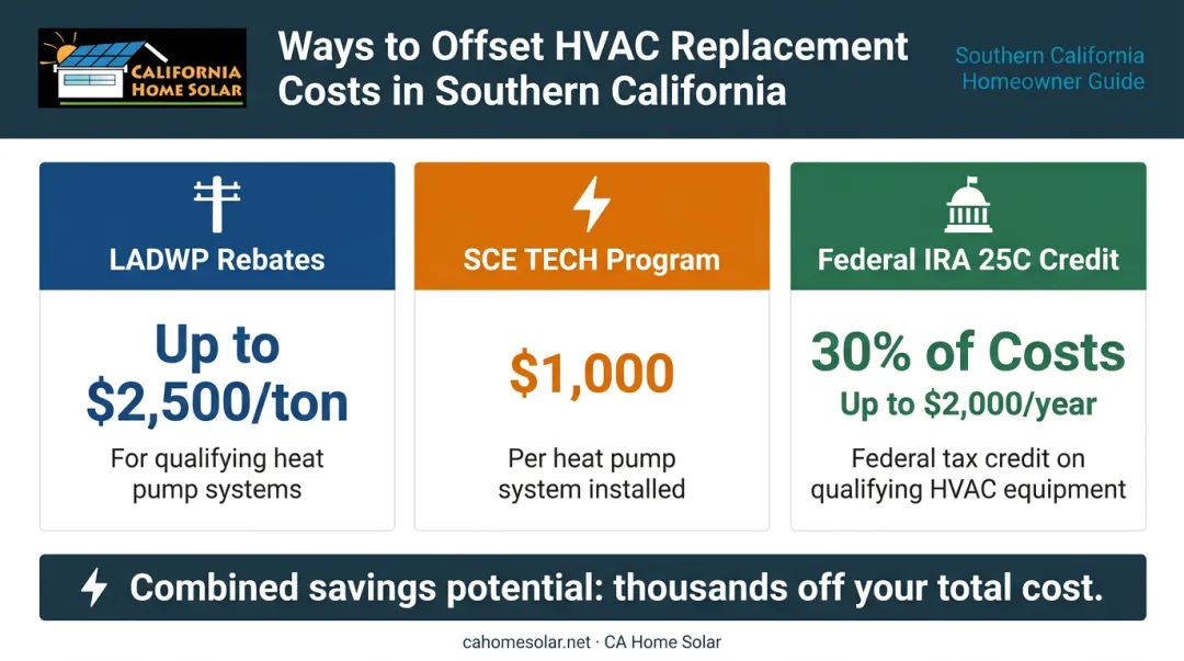 Southern California HVAC rebates and federal tax credit savings breakdown infographic