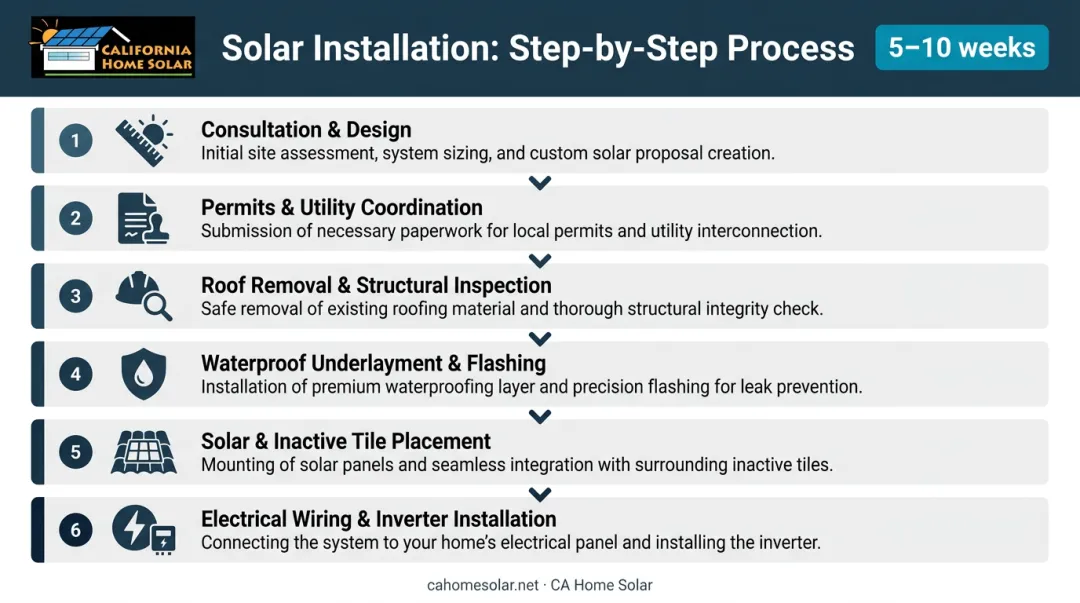 Six-step solar roof tile installation process flow from consultation to electrical wiring