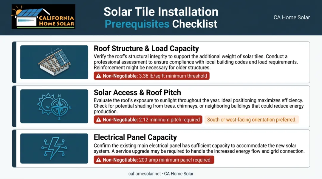 Solar tile installation prerequisites checklist roof structure electrical panel and sun exposure
