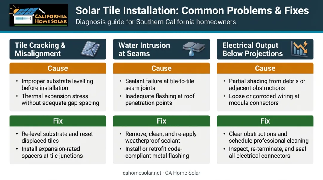 Three common solar tile installation problems causes and fixes diagnostic infographic