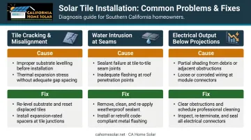 Three common solar tile installation problems causes and fixes diagnostic infographic
