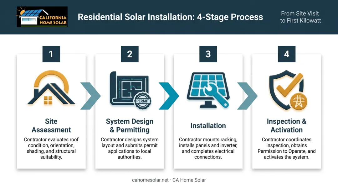 4-step solar installation process from site assessment to system activation