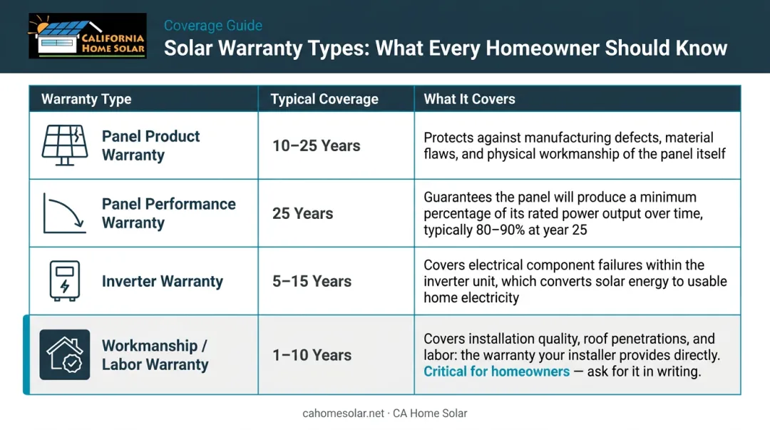 Solar panel warranty types comparison chart covering product performance inverter and workmanship