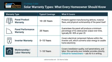 Solar panel warranty types comparison chart covering product performance inverter and workmanship
