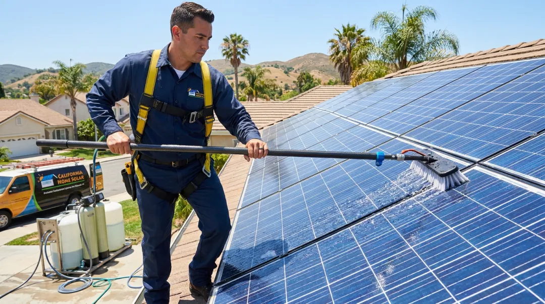 Professional solar panel cleaning technician using water-fed pole on residential rooftop