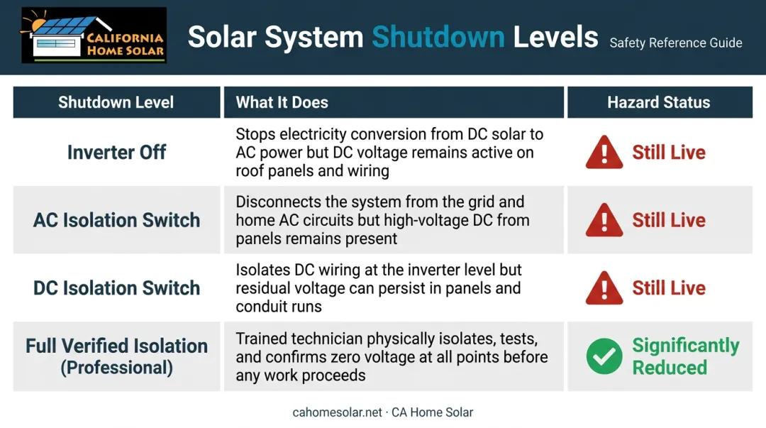 Four levels of solar system shutdown explaining what remains live at each stage
