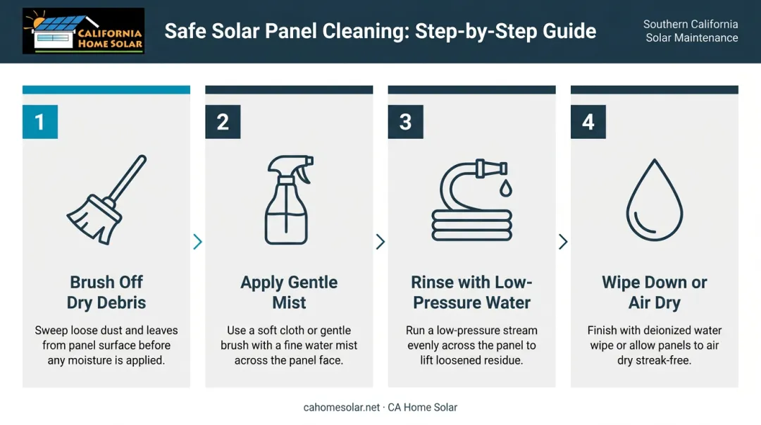4-step solar panel cleaning process from debris removal to final rinse