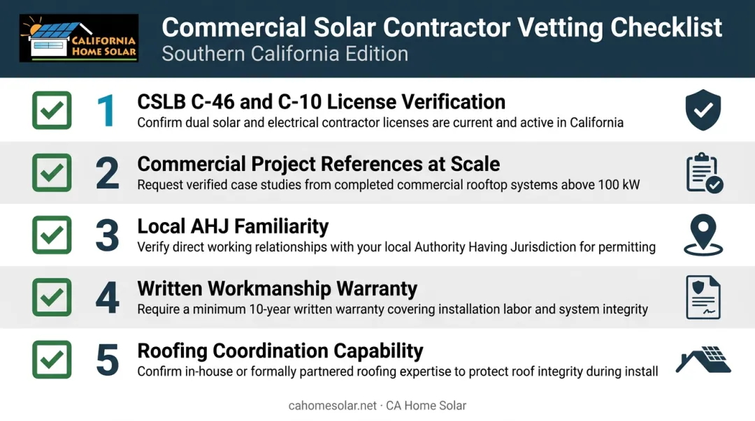 Commercial solar contractor vetting checklist five key verification criteria infographic