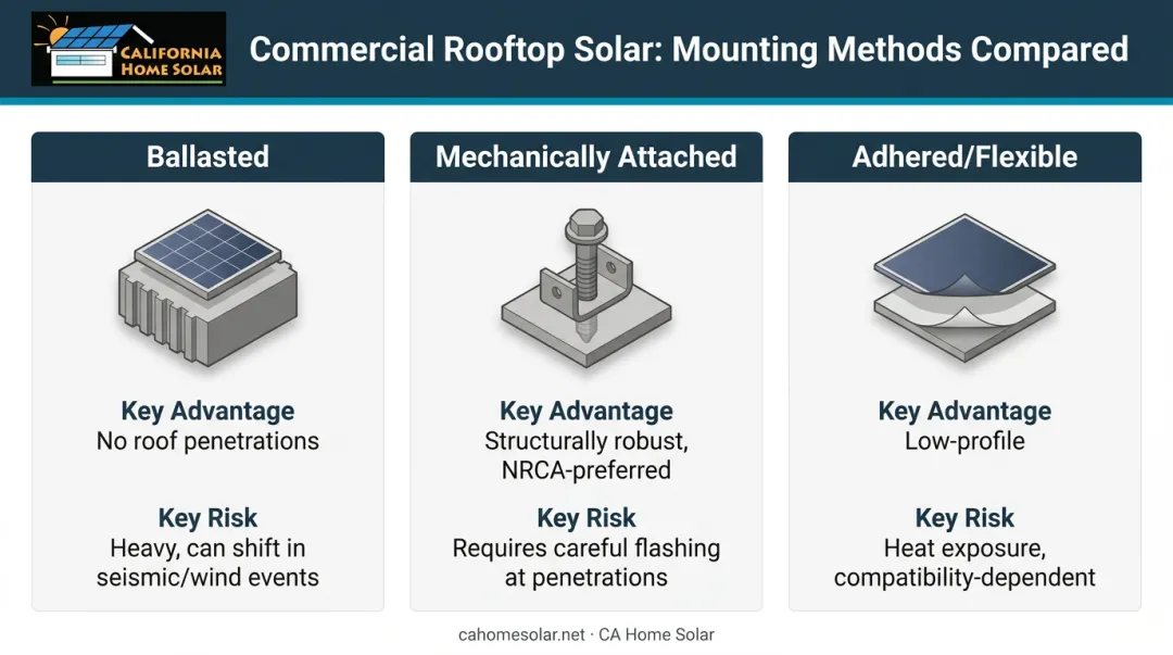 Three commercial rooftop solar mounting system types comparison chart California