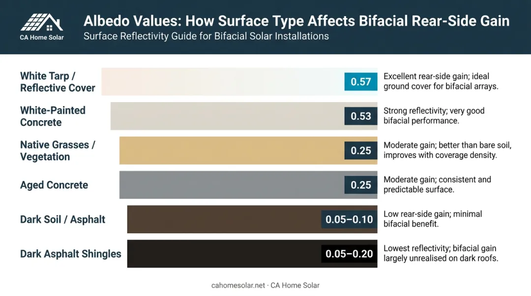 Surface albedo comparison chart showing reflectivity levels for solar panel ground surfaces