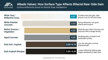 Surface albedo comparison chart showing reflectivity levels for solar panel ground surfaces