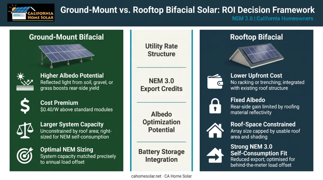 Ground-mount versus rooftop bifacial solar decision framework with four key cost and performance factors