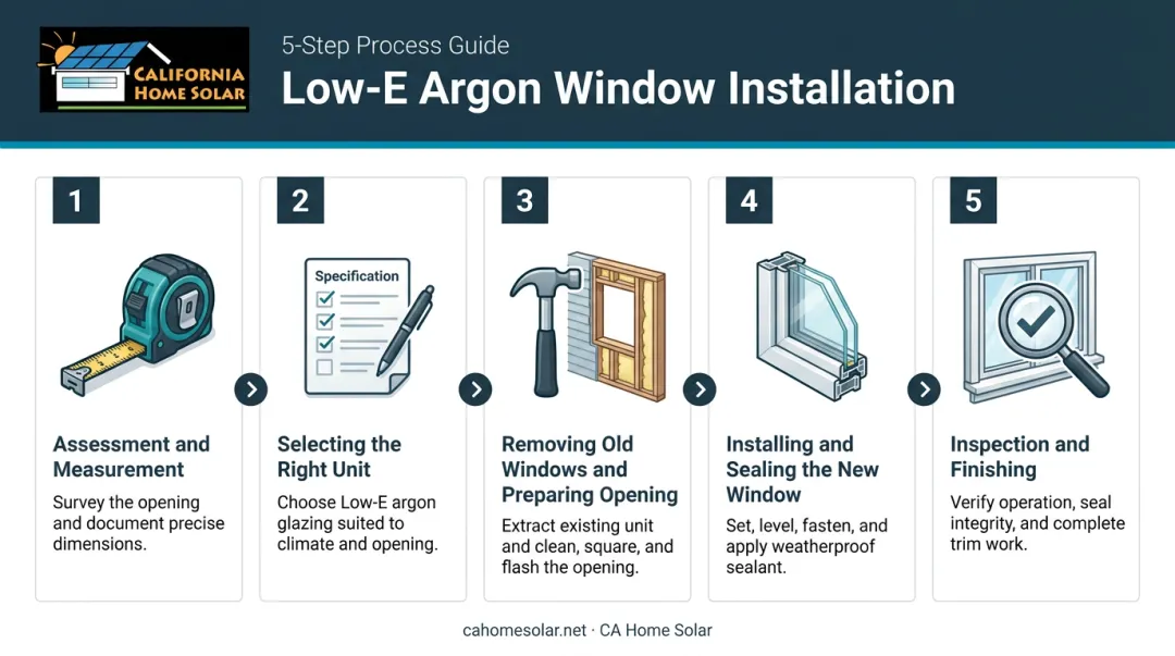 5-step argon Low-E window installation process flow from assessment to inspection