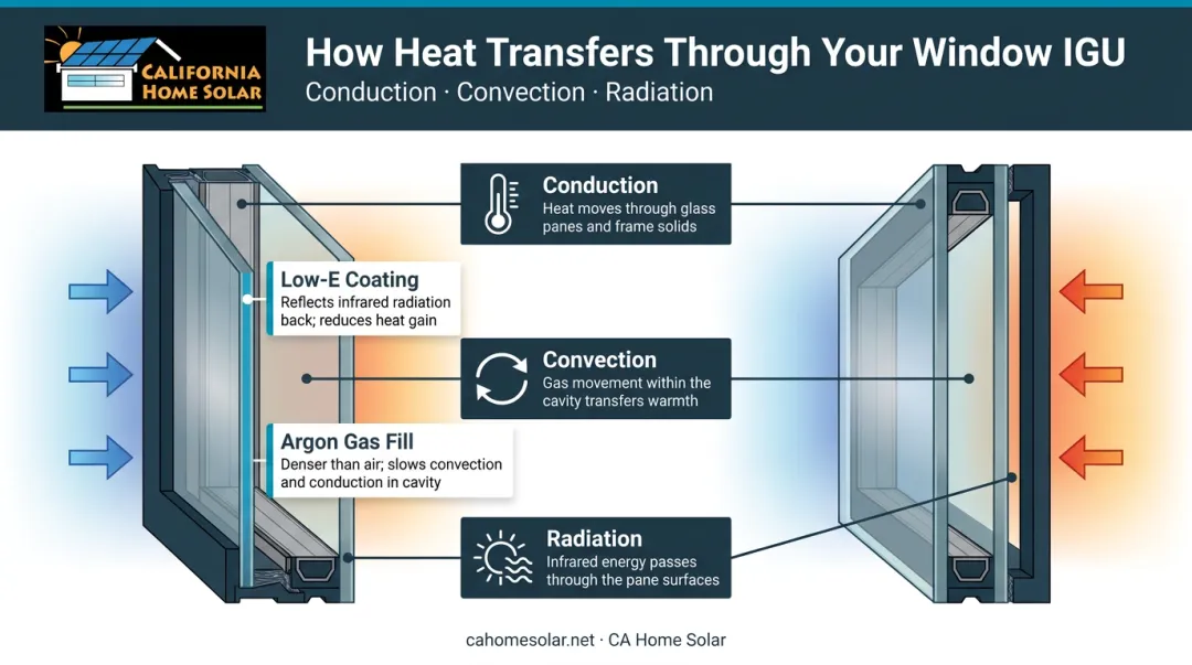 Three heat transfer pathways showing how Low-E coating and argon gas work together