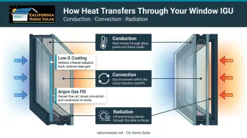 Three heat transfer pathways showing how Low-E coating and argon gas work together