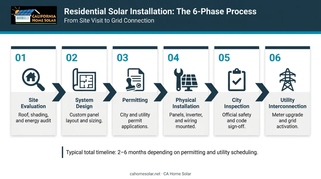 Six-phase residential solar installation process flow from evaluation to interconnection