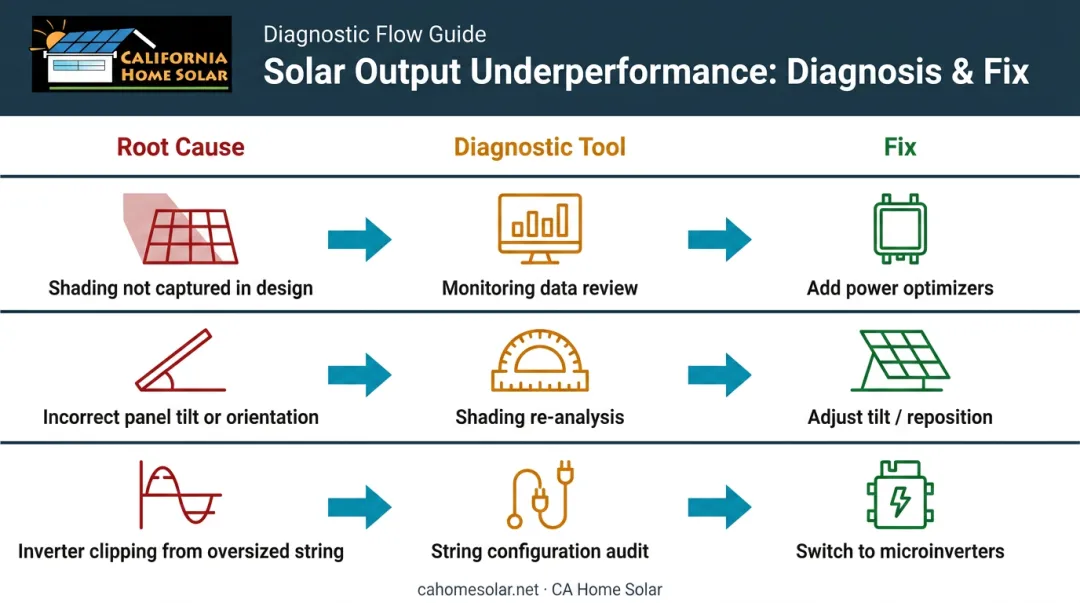 Solar system underperformance root causes diagnosis and fix workflow infographic