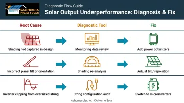 Solar system underperformance root causes diagnosis and fix workflow infographic