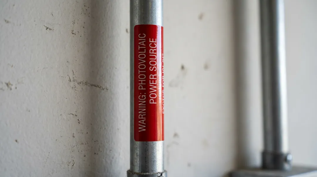Solar DC conduit warning label with red background and white photovoltaic text