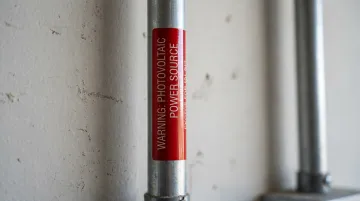 Solar DC conduit warning label with red background and white photovoltaic text