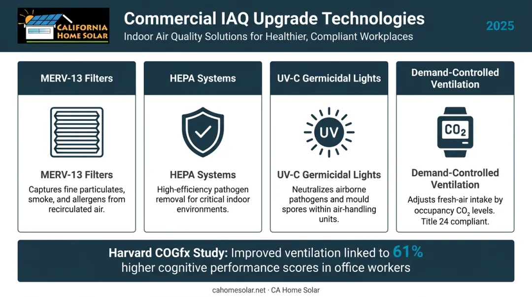 Commercial IAQ upgrade options comparison MERV-13 HEPA UV-C and DCV systems