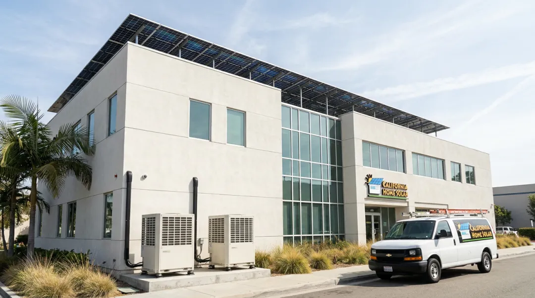 Commercial rooftop solar panels powering heat pump HVAC system on office building